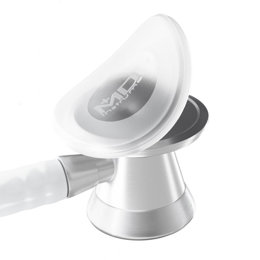 MDF Instruments Puresona® single-use diaphragm for stethoscope, black rubber medical accessory, close-up view.
