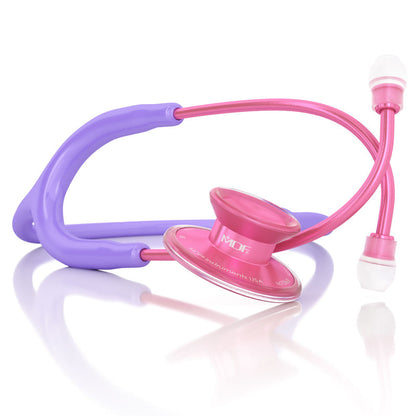 Pink Acoustica MDF Instruments stethoscope with pink tubing and purple chest piece, designed for medical professionals.
