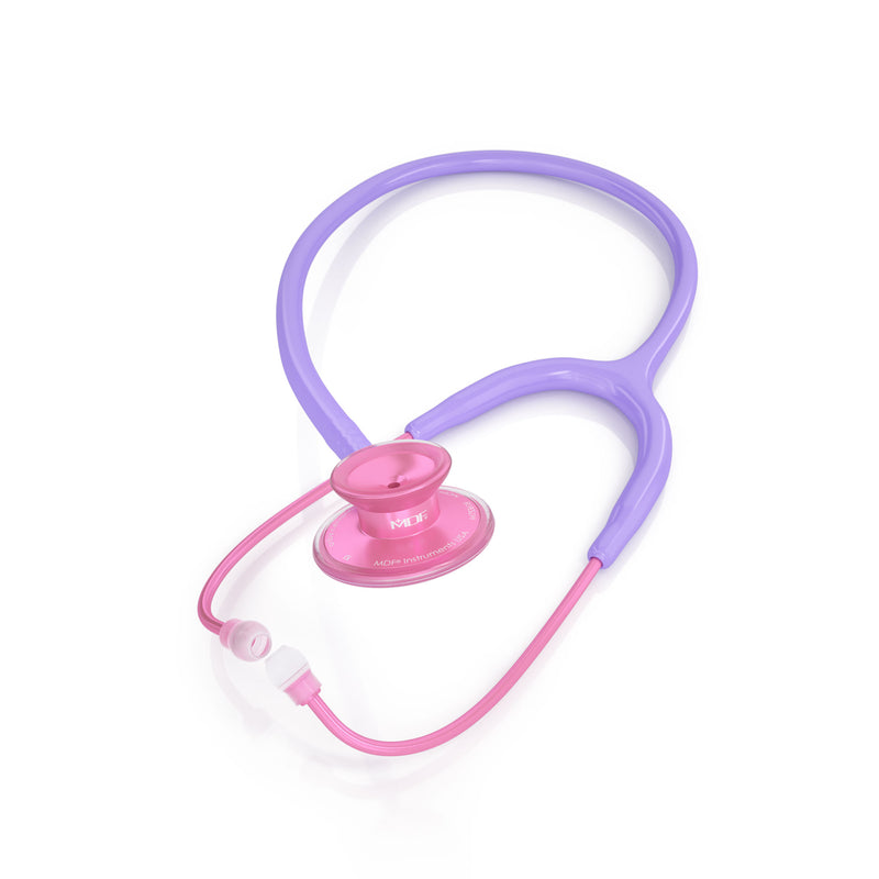 Pink ACOUSTICA® MDF Instruments stethoscope with light purple tubing, featuring a dual-head chest piece and comfortable eartips.
