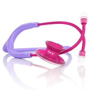 Pink Acoustica stethoscope by MDF Instruments with pinkalloy chest piece and light purple tubing, designed for medical professionals.