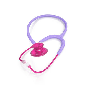 MDF Instruments Acoustica Pink Stethoscope with PinkAlloy and Cher tubing, light purple color, showing flexible tubing and chest piece