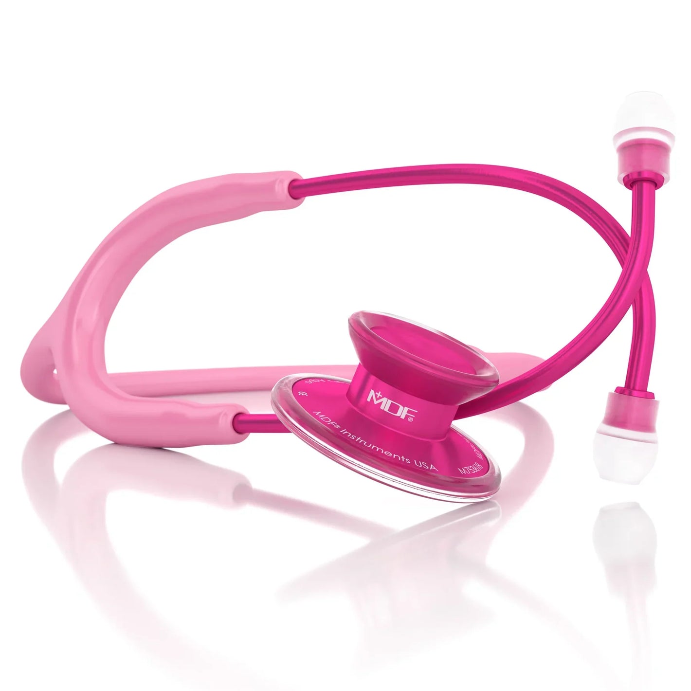 MDF Instruments Acoustica Pink Stethoscope with Pinkalloy and Cosmo tubing, featuring dual-head chest piece and pink finish.