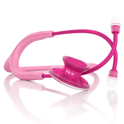 MDF Instruments Acoustica Pink Stethoscope with Pinkalloy and Cosmo tubing, featuring dual-head chest piece and pink finish.
