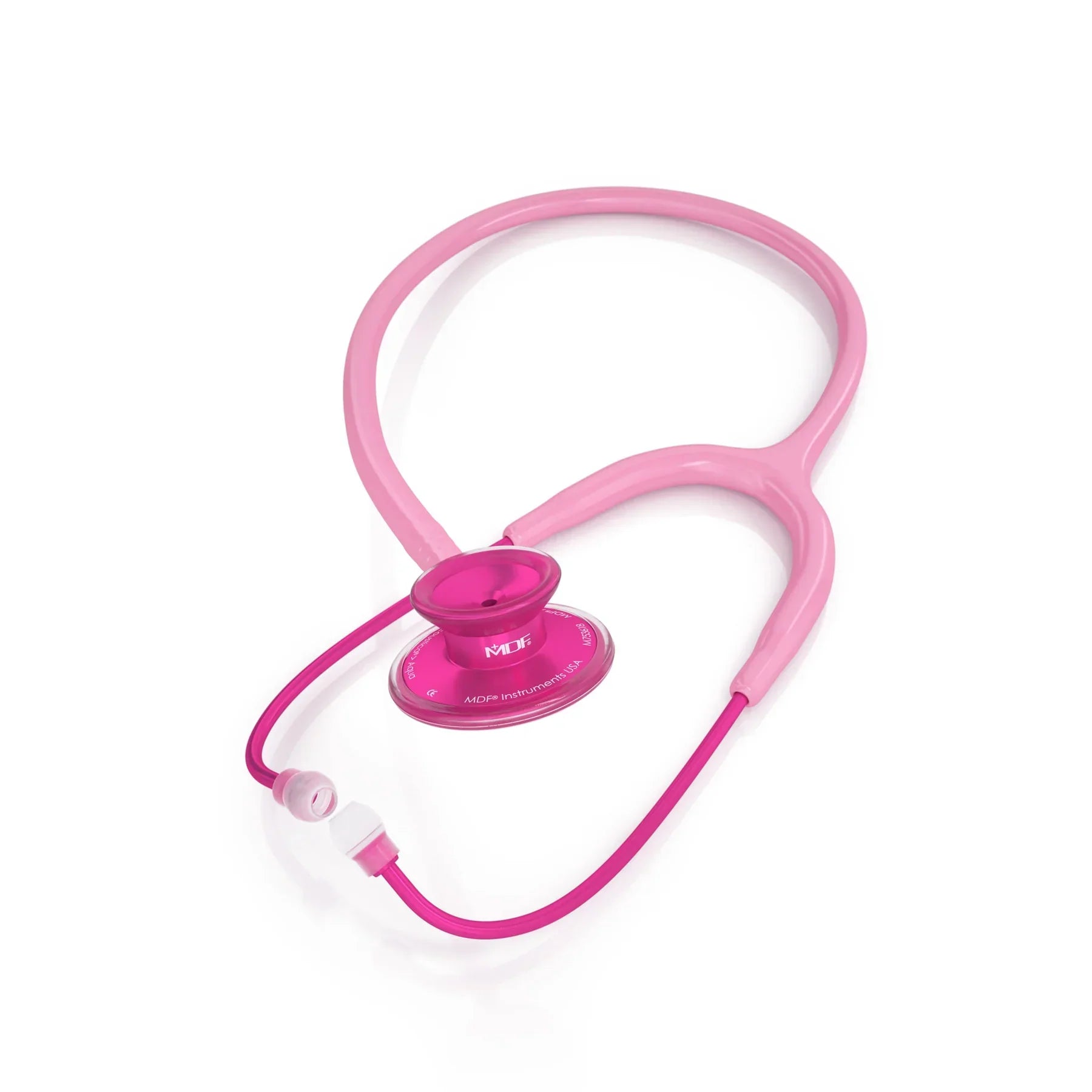 MDF Instruments Acoustica Pink Stethoscope with Pinkalloy and Cosmo tubing, featuring a pink chest piece and eartips.