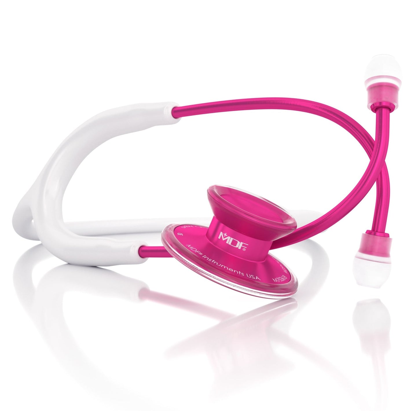 MDF Instruments Acoustica Pink Stethoscope with pink alloy and white tubing, close-up showing the chest piece and flexible tubing.