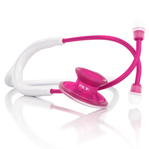 MDF Instruments Acoustica Pink Stethoscope with pink alloy and white tubing, close-up showing the chest piece and flexible tubing.