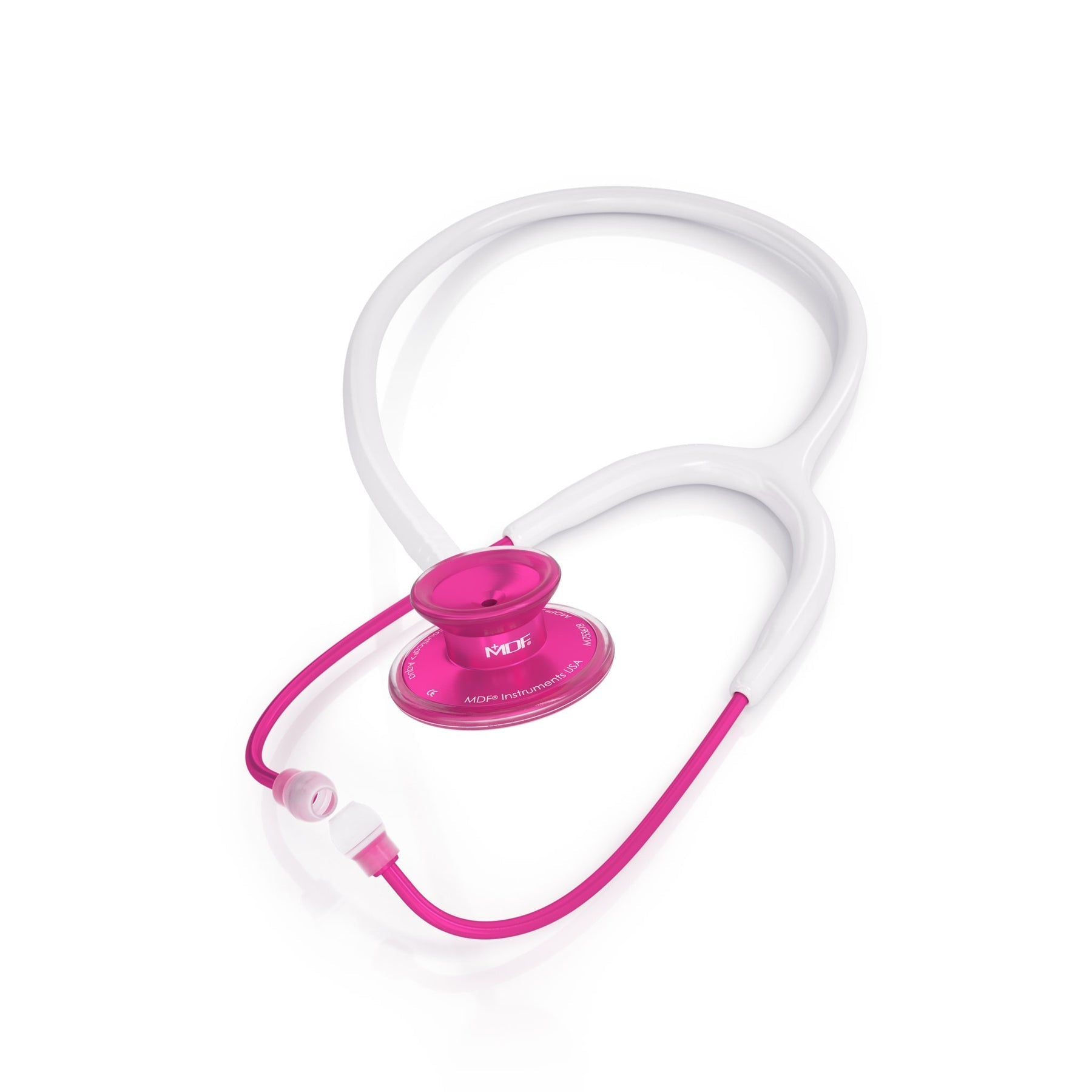 MDF Instruments Acoustica Pink Stethoscope with pink alloy tubing and white chest piece, designed for medical professionals.
