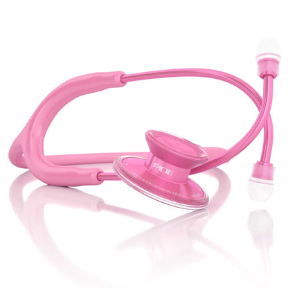MDF Instruments Acoustica Pink Stethoscope Pinkore and Cosmo with pink tubing and dual-head chest piece for medical auscultation.