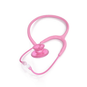 MDF Instruments Acoustica Pink Stethoscope in pink and rose gold with dual head design, shown on a white background.