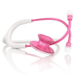 MDF Instruments Acoustica Pink Stethoscope with pink and white tubing, used for medical exams and auscultation.