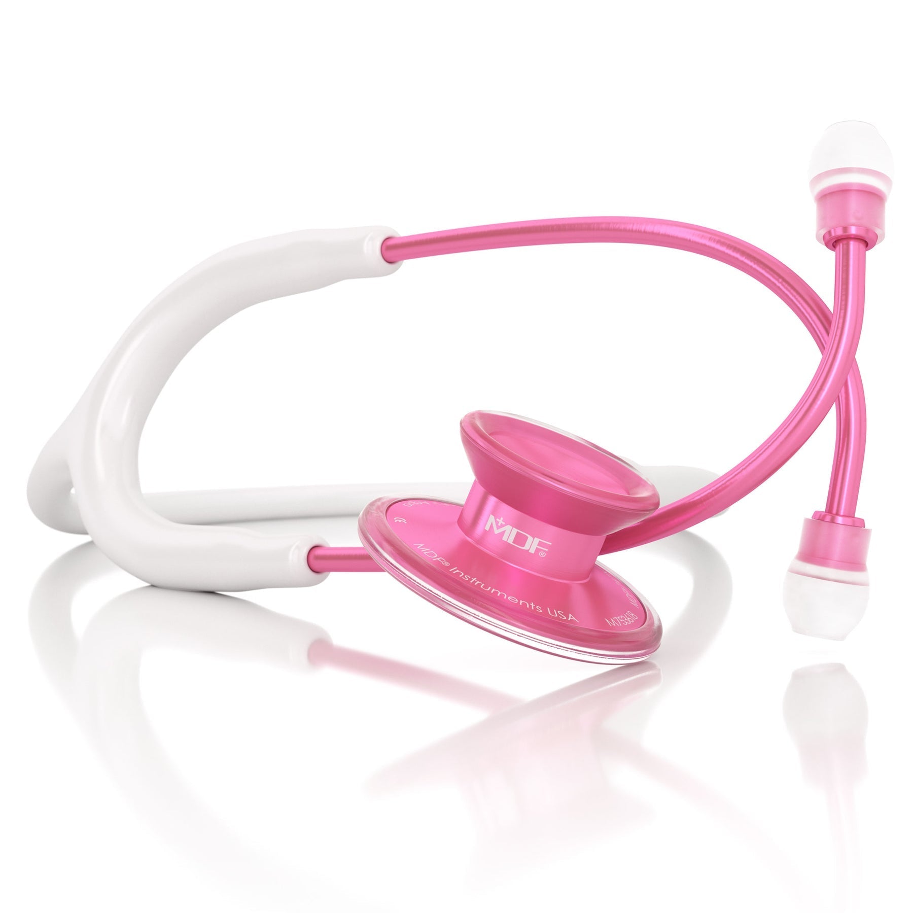 MDF Instruments Acoustica Pink Stethoscope with pink and white tubing, used for medical exams and auscultation.