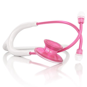 MDF Instruments Acoustica Pink Stethoscope with pink and white tubing, used for medical exams and auscultation.