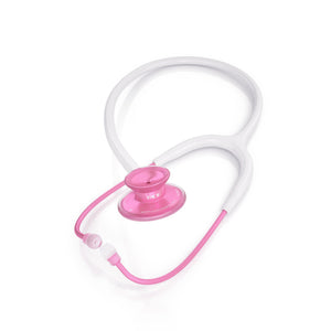 MDF Instruments Acoustica Pink Stethoscope with pink and white tubing and chest piece, designed for medical professionals.