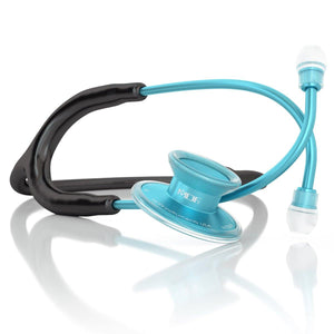 MDF Instruments Acoustica® Stethoscope in black and aqua colors with dual-head chest piece and flexible tubing.
