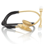 MDF Instruments Acoustica black and gold stethoscope with dual-head chest piece and flexible tubing, on a white background.