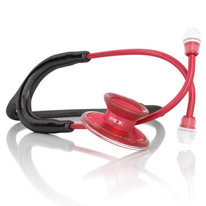 Black and red MDF Instruments Acoustica® stethoscope with dual-head chest piece and flexible tubing, designed for medical professionals.