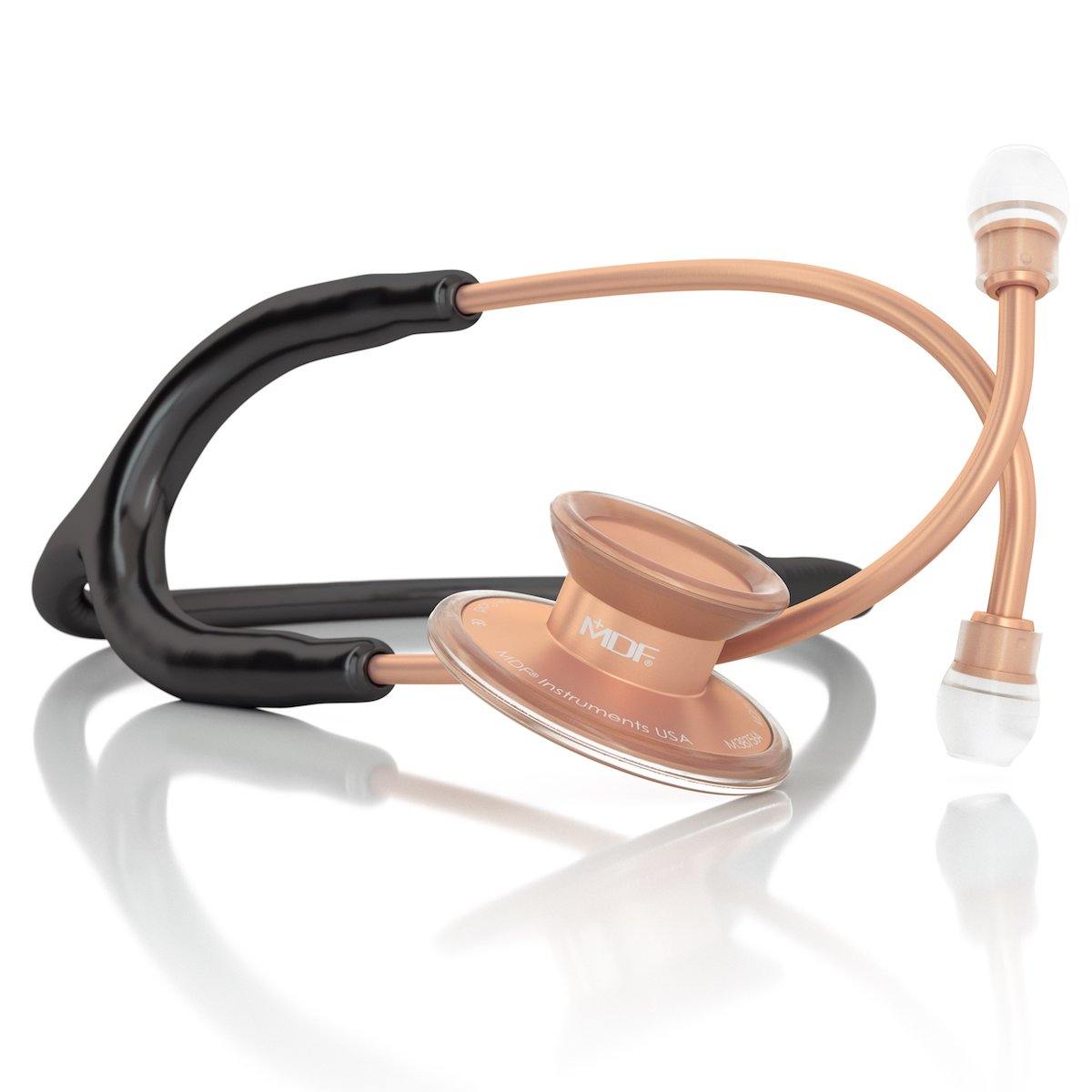 Black and rose gold MDF Instruments Acoustica® stethoscope with dual-head chest piece and flexible tubing.