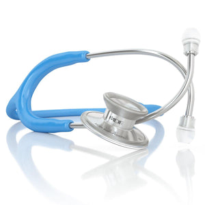 Bright blue MDF Instruments Acoustica® stethoscope with dual-head chest piece and flexible tubing for medical auscultation.