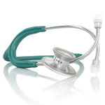Green MDF Instruments Acoustica® stethoscope with silver accents, designed for medical professionals, shown in a close-up image.