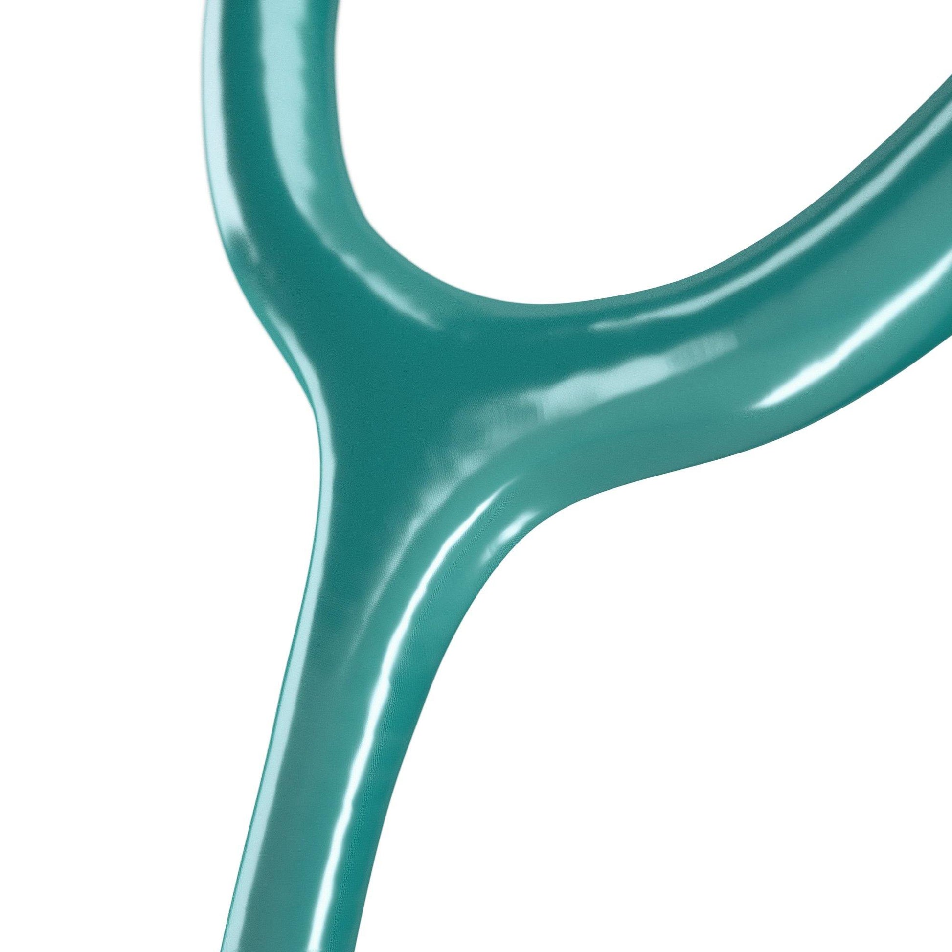 Green MDF Instruments Acoustica® stethoscope with aqua-green tubing, featuring dual-headed chest piece for medical auscultation.