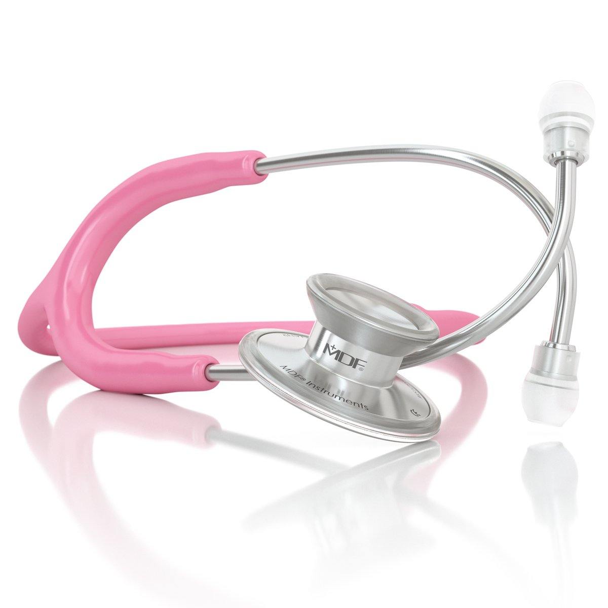 Light pink MDF Acoustica® stethoscope with flexible tubing and dual eartips, designed for medical professionals.