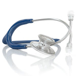Navy blue MDF Instruments Acoustica® stethoscope with silver chest piece and flexible tubing, resting on a white background.