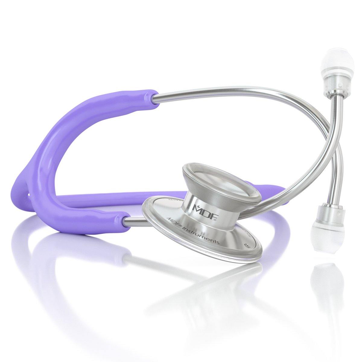 MDF Instruments Acoustica® stethoscope in pastel purple with flexible tubing and dual-sided chest piece for medical examinations