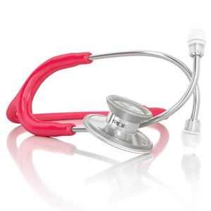 Pink MDF Instruments Acoustica® stethoscope with flexible tubing and dual-head chest piece, designed for medical professionals.