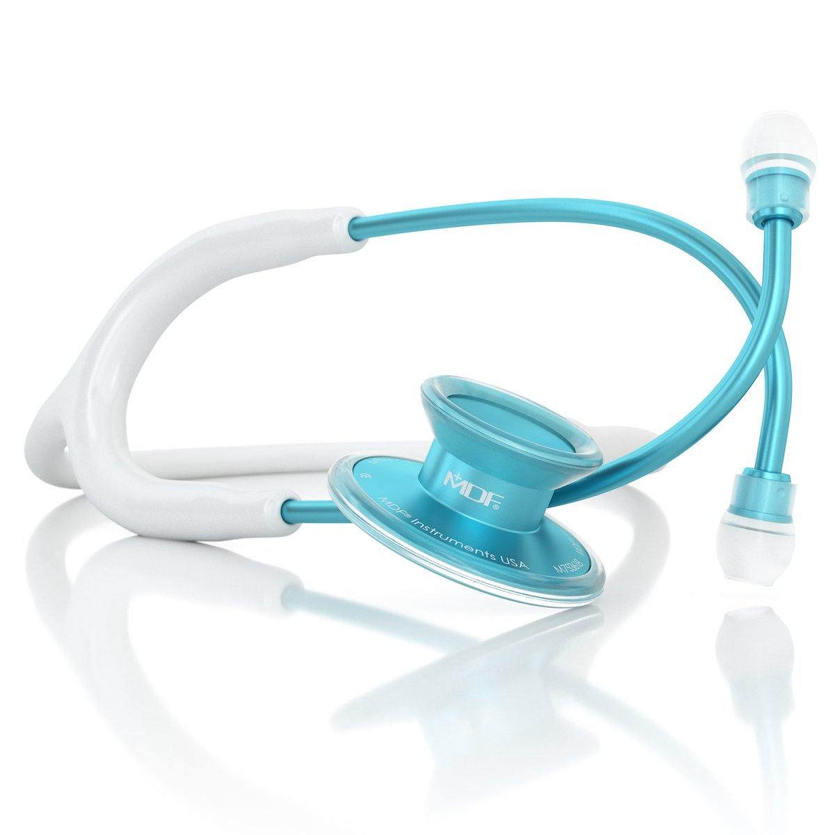 White and aqua MDF Instruments Acoustica® stethoscope with flexible tubing and dual earpieces, used for medical auscultation.