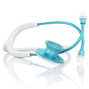 White and aqua MDF Instruments Acoustica® stethoscope with flexible tubing and dual earpieces, used for medical auscultation.
