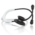 Acoustica MDF Instruments white and black stethoscope with dual-head chest piece and flexible tubing, designed for medical professionals.
