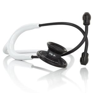 Acoustica MDF Instruments white and black stethoscope with dual-head chest piece and flexible tubing, designed for medical professionals.