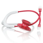 MDF Instruments Acoustica® stethoscope with white tubing and red chest piece, showing the dual-head design for medical auscultation.