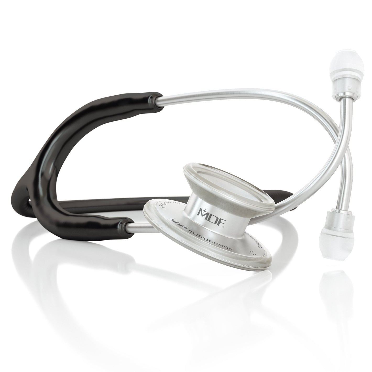 Black MD One® adult stethoscope by MDF Instruments with flexible tubing and eartips, used for medical auscultation.