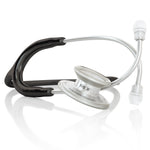 Black MD One® adult stethoscope by MDF Instruments with flexible tubing and eartips, used for medical auscultation.