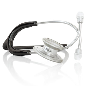 Black MD One® adult stethoscope by MDF Instruments with flexible tubing and eartips, used for medical auscultation.