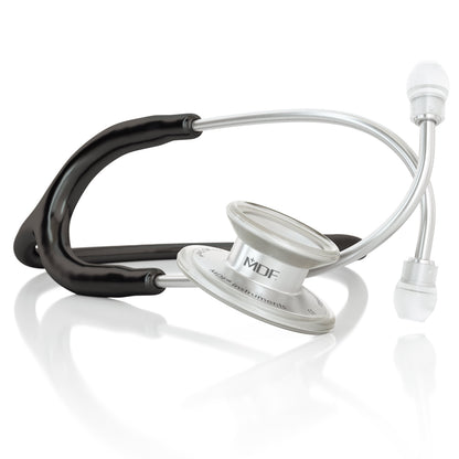 Black MD One® adult stethoscope by MDF Instruments with flexible tubing and eartips, used for medical auscultation.