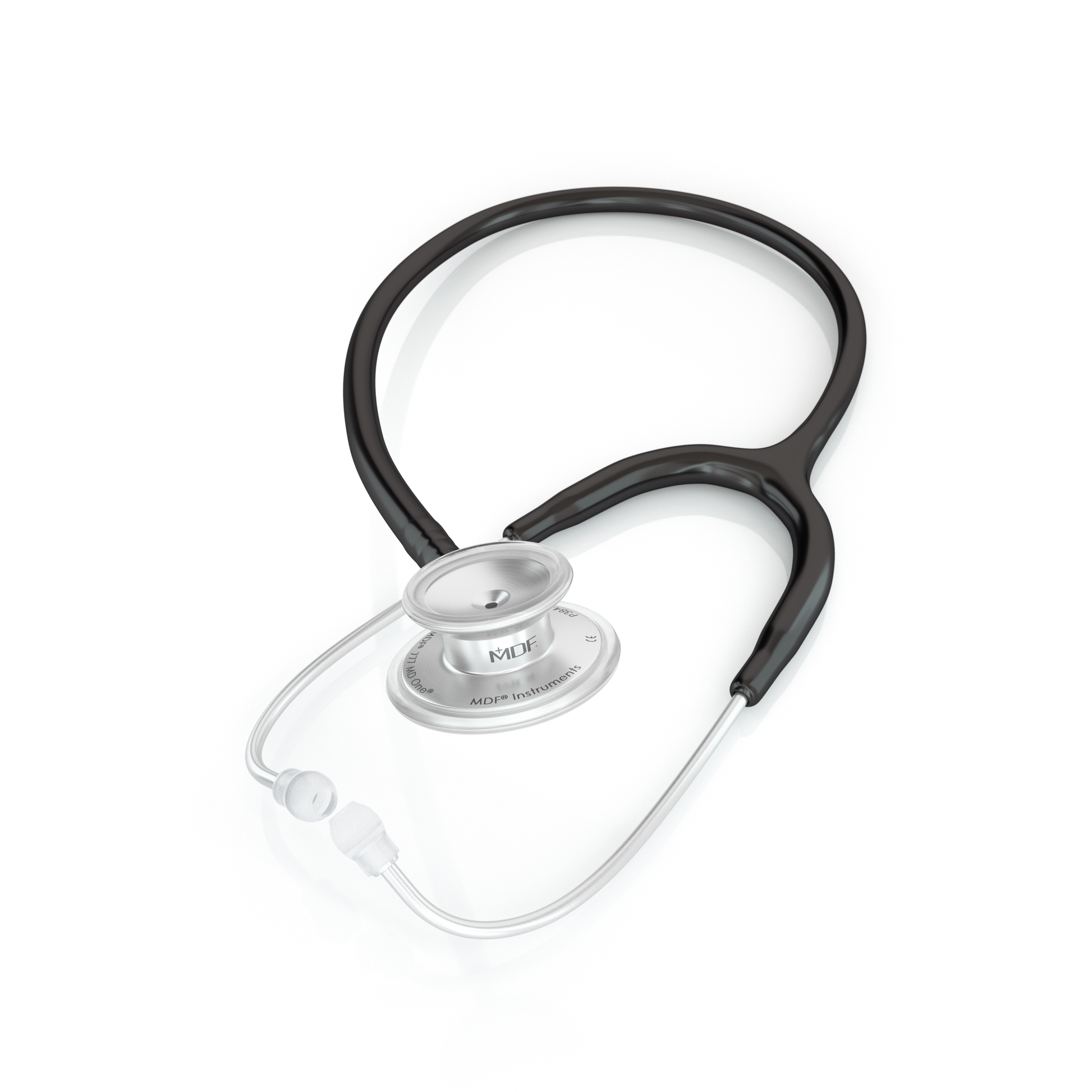 Black MD One® Adult Stethoscope by MDF Instruments with ear tubes and chest piece visible, designed for medical professionals.