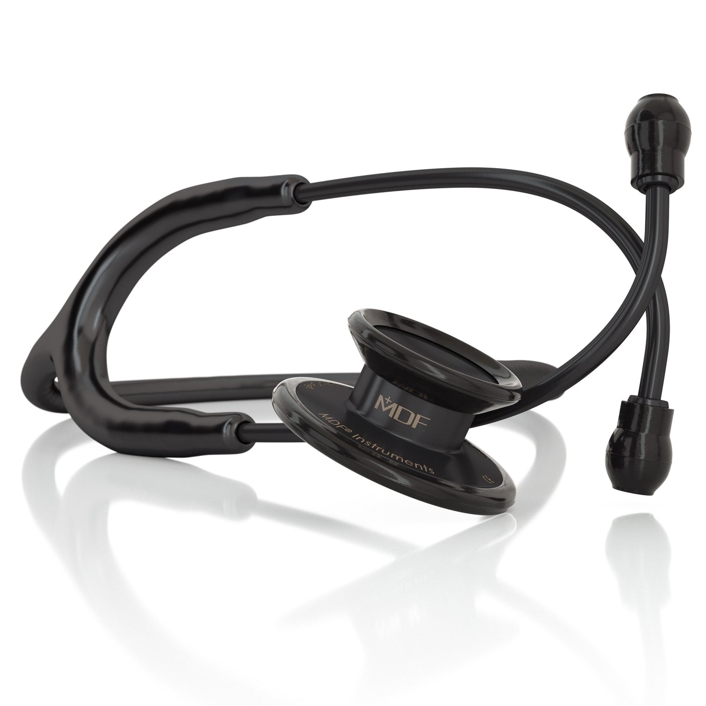 MD One® adult stethoscope in black and blackOut color by MDF Instruments, showing the chest piece and flexible tubing.
