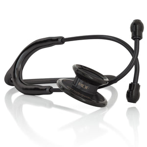 MD One® adult stethoscope in black and blackOut color by MDF Instruments, showing the chest piece and flexible tubing.