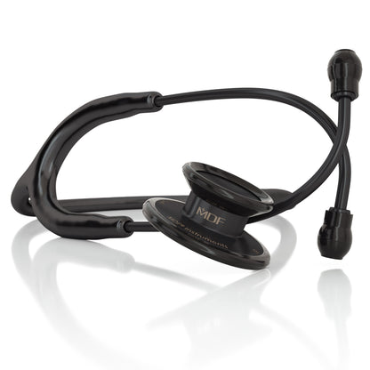 MD One® adult stethoscope in black and blackOut color by MDF Instruments, showing the chest piece and flexible tubing.