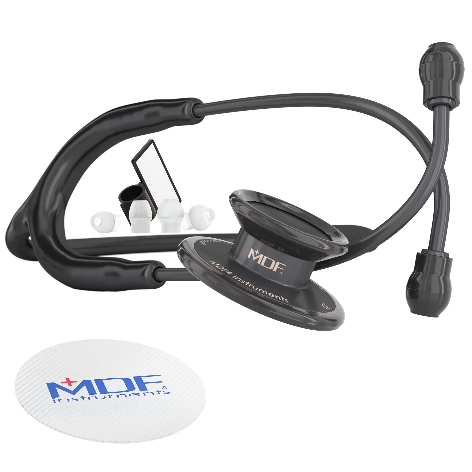 MD One® adult stethoscope by MDF Instruments in black and blackout design, with flexible tubing and dual-sided chest piece.