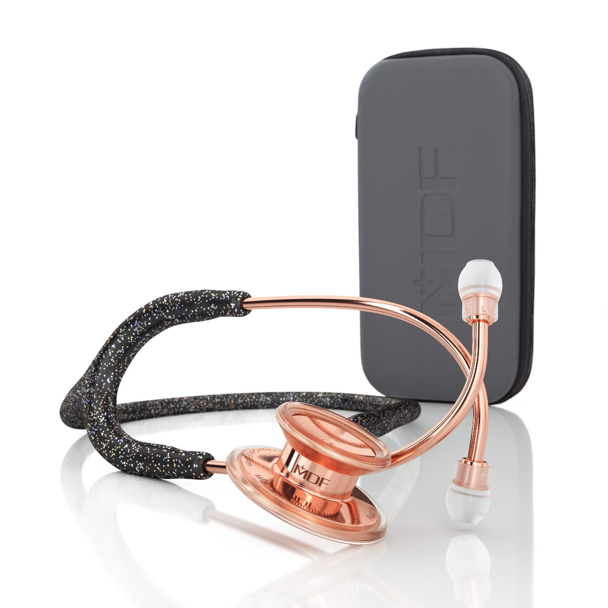 MD One adult stethoscope by MDF Instruments in black glitter and rose gold with a protective case.