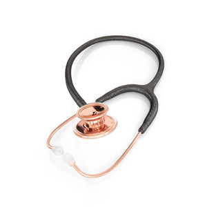 MD One® adult stethoscope by MDF Instruments with black glitter and rose gold accents, shown with its protective case