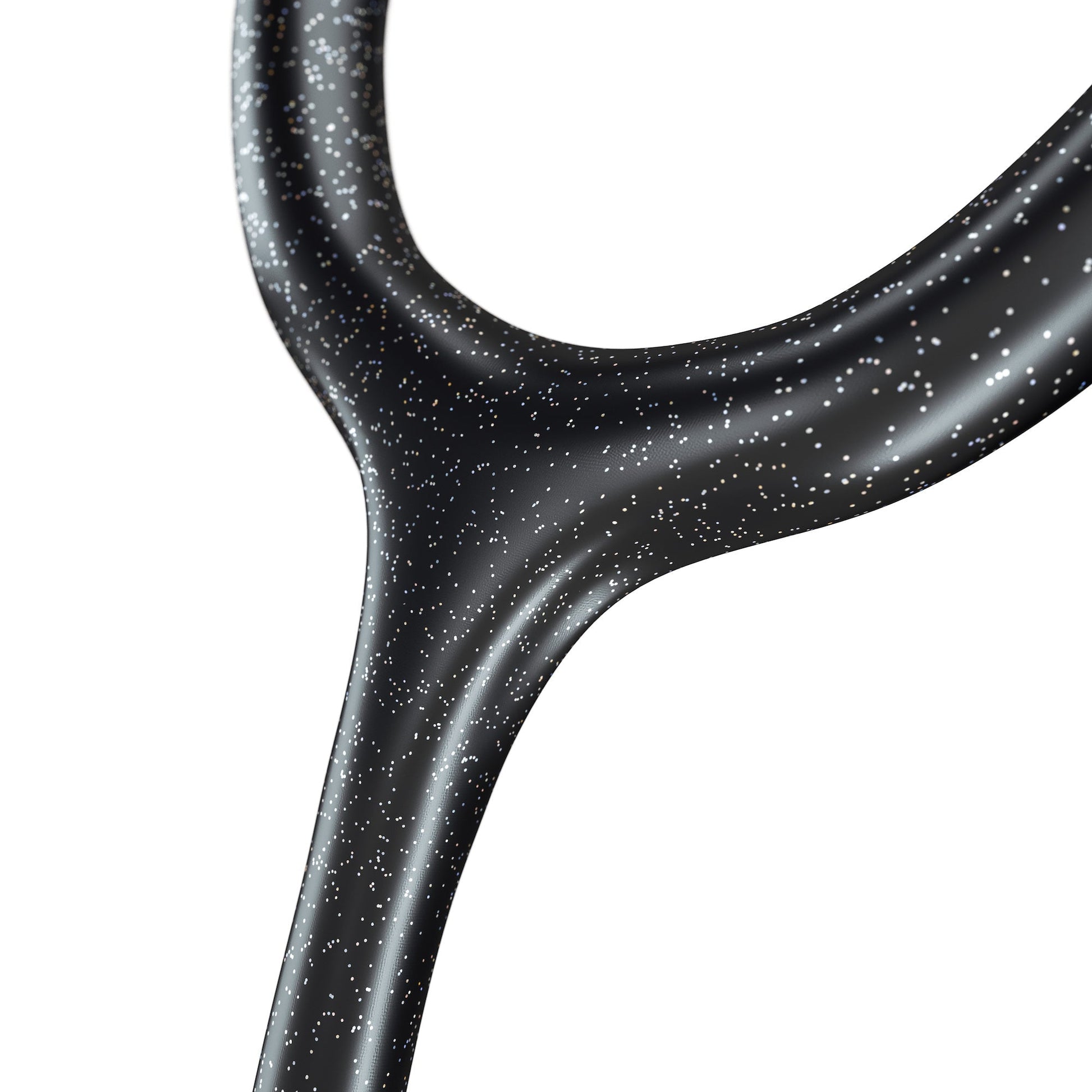 MD One adult stethoscope by MDF Instruments with black glitter tubing and rose gold accents, shown with carrying case.