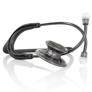 Black and pearl-colored MD One adult stethoscope by MDF Instruments with flexible tubing and eartips visible.