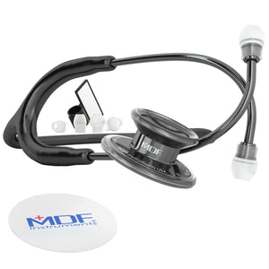 Black and Perla Noire MD One adult stethoscope by MDF Instruments with flexible tubing and dual-head chest piece.