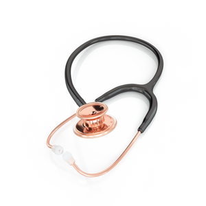 Black and rose gold MD One® adult stethoscope by MDF Instruments with flexible tubing and dual-head chest piece.