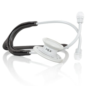 MD One® adult stethoscope in black and white from MDF Instruments, featuring flexible tubing and dual-head chest piece.