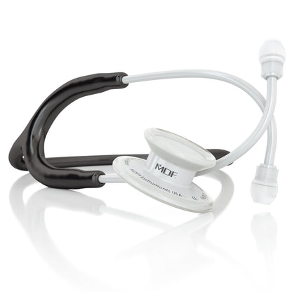 MD One® adult stethoscope in black and white from MDF Instruments, featuring flexible tubing and dual-head chest piece.